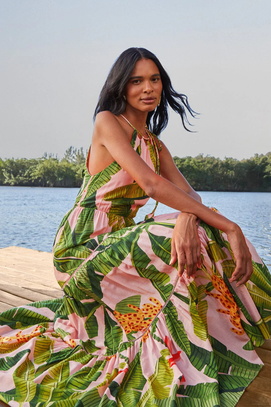 Farm Rio | Banana Leaves Pink Sleeveless Maxi Dress - Three Sisters Boutique