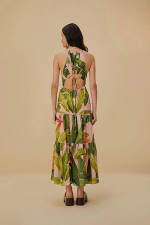 Banana Leaves Pink Sleeveless Maxi Dress