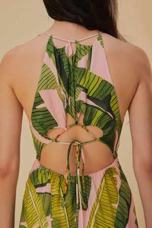 Banana Leaves Pink Sleeveless Maxi Dress