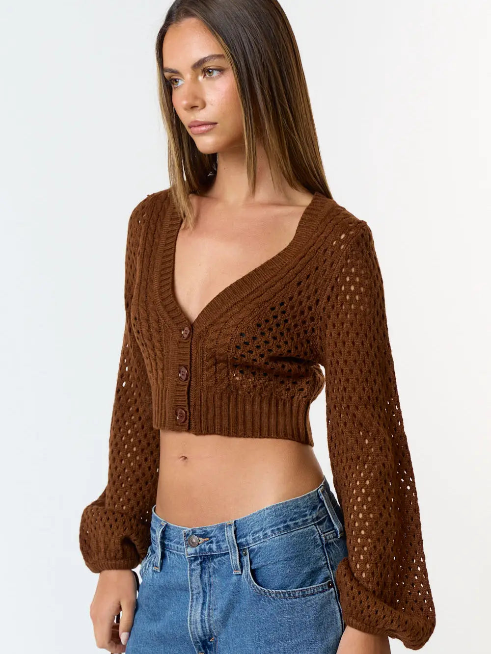 Punching Detail Button Down Crop Cardigan | Chocolate