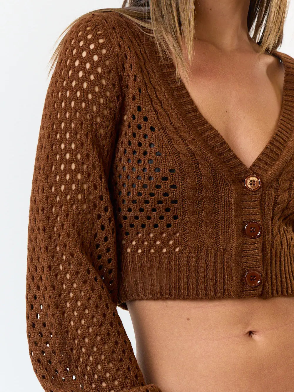 Punching Detail Button Down Crop Cardigan | Chocolate