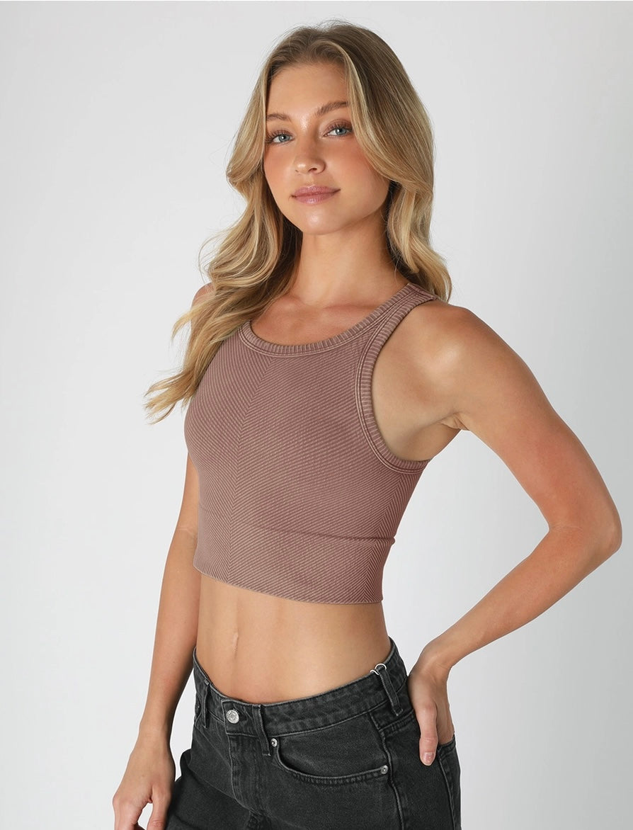 Vintage Chevron Highneck Crop Top | Vintage Mocha