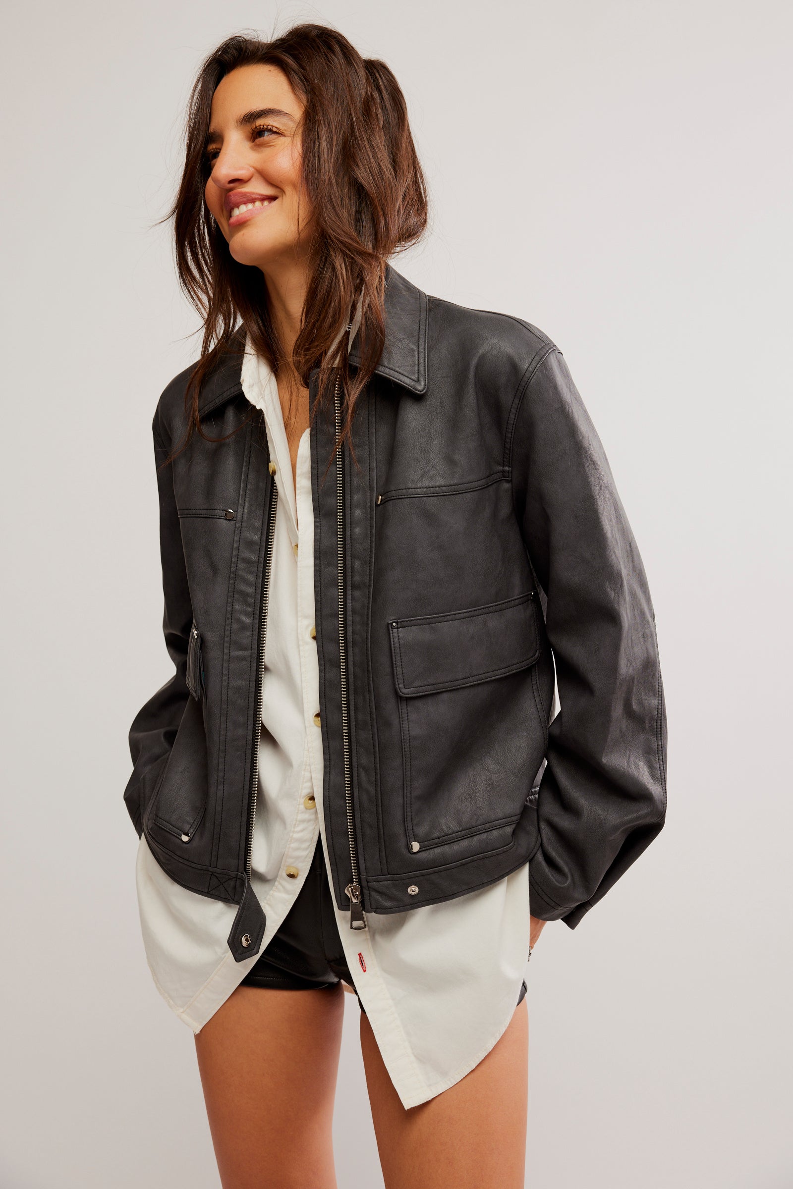 Free People Blair Vegan Leather Jacket Charcoal Combo Three Sisters Boutique