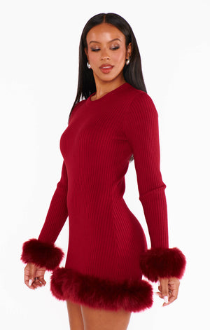 Fran Dress | Cranberry Rib With Faux Fur