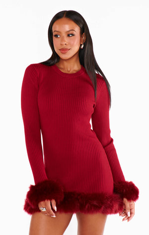 Fran Dress | Cranberry Rib With Faux Fur