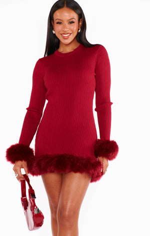 Fran Dress | Cranberry Rib With Faux Fur