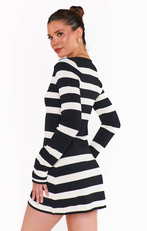 Erika Mini Dress | Black White Stripe Knit