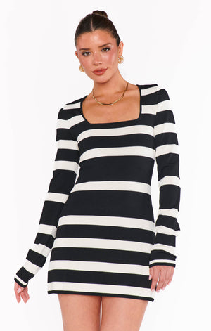 Erika Mini Dress | Black White Stripe Knit